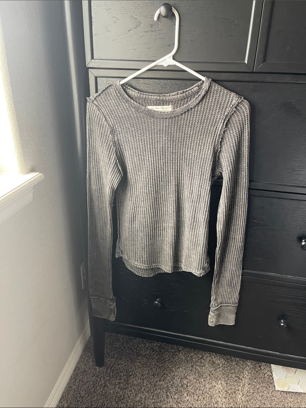 Free People Gray Waffle-Knit Long Sleeve Crew Sweater